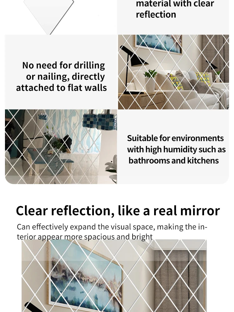 3D Diamond Acrylic Mirror Wall Sticker – Removable Decorative Glass Tiles (17pcs)