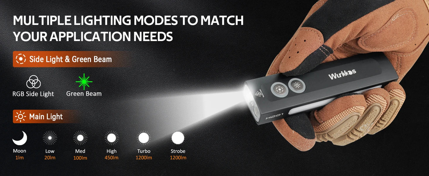 Wurkkos HD01 Multi-Function Rechargeable Flashlight – 1200LM Flat Torch with Green, White, RGB Side Light, IP65 Waterproof