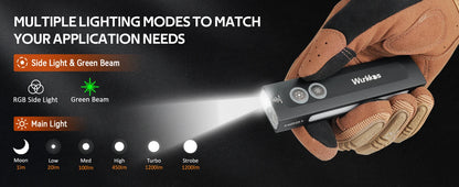 Wurkkos HD01 Multi-Function Rechargeable Flashlight – 1200LM Flat Torch with Green, White, RGB Side Light, IP65 Waterproof