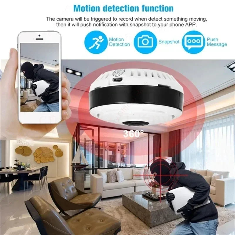 Small WiFi 360° Panoramic Surveillance Camera – 2MP IP Camcorder with Two-Way Audio for Home Security