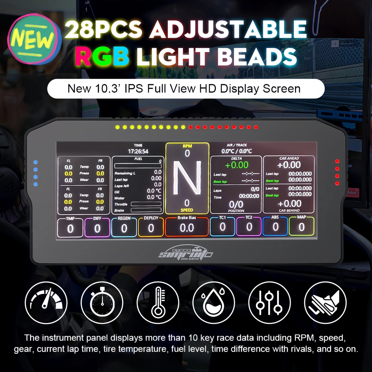 SimRuito 10.3-Inch Racing Dashboard - Sim Racing Steering Wheel Display for PC Speed and Car Data