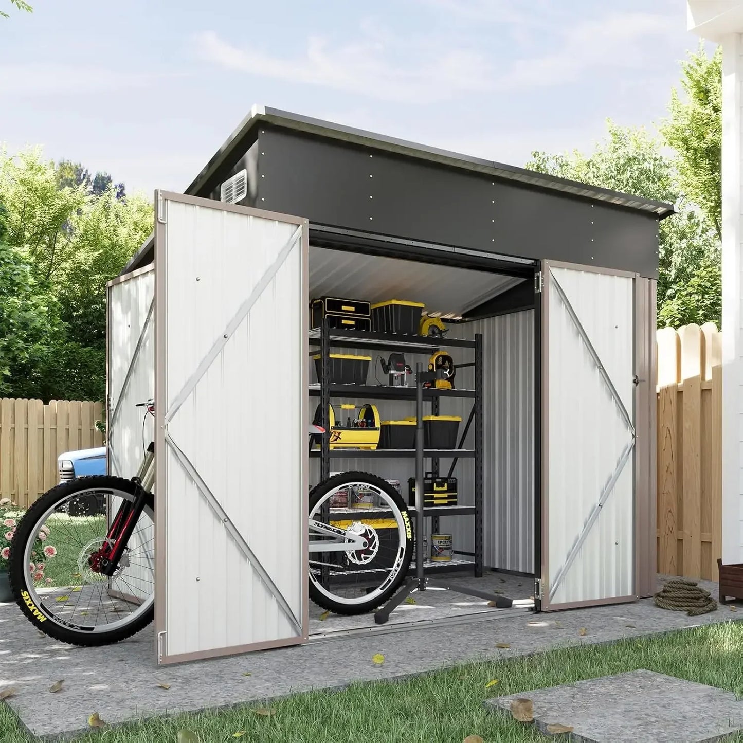 11.5'x7.5' Outdoor Metal Storage Shed – Triple Lockable Door with Sloping Roof for Tools & Bicycles
