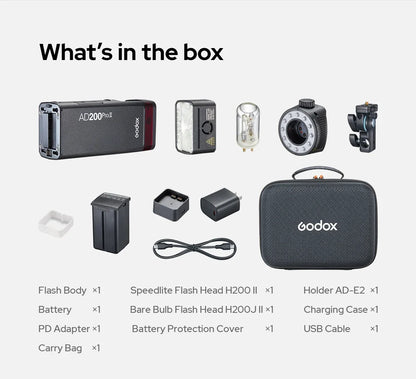 Godox AD200 Pro II Flash – 200Ws, 1/8000 HSS, 2980mAh Battery, 2.4G Wireless X System, Bi-Color Modeling Lamp Speedlight Flash