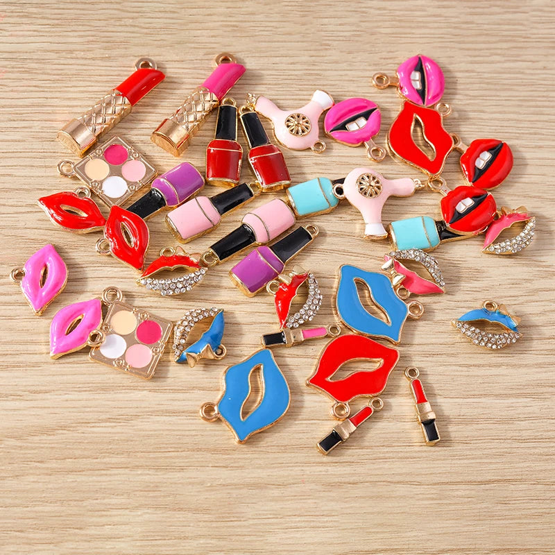 10PCS Cute Enamel Lips & Lipstick Charms – Pendants for Jewelry Making, Earrings, Necklaces & Bracelets DIY Crafts