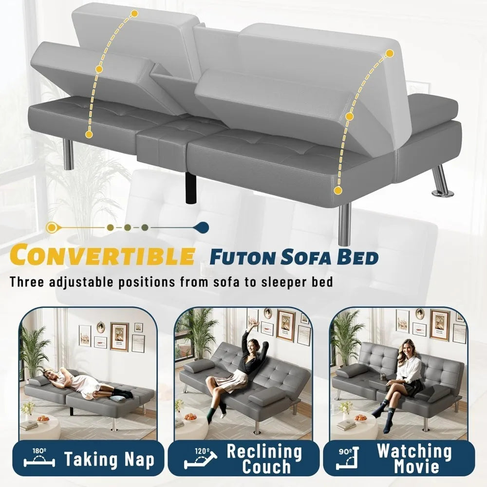 Adjustable PU Leather Futon Sofa Bed with Built-in Cup Holders – Modern Convertible Sleeper Couch