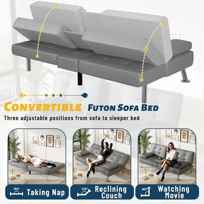 Adjustable PU Leather Futon Sofa Bed with Built-in Cup Holders – Modern Convertible Sleeper Couch