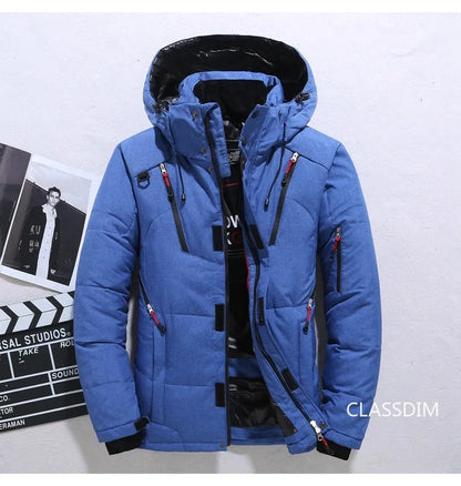Men's Winter Hooded Puffer Jacket – White Duck Down Coat, Windproof & Warm Outdoor Parka, Size 5