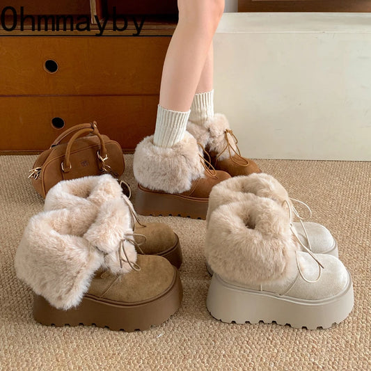 Women’s Winter Chunky Sole Fur Snow Boots – Cozy Height-Boosting Cotton Short Booties