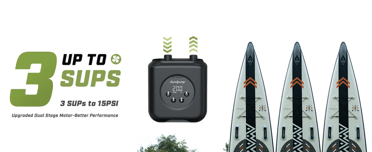 SUP Inflatable Pump — Rechargeable 20PSI Pump for PVC Kayaks, Kite Wings & Stand Up Paddle Boards