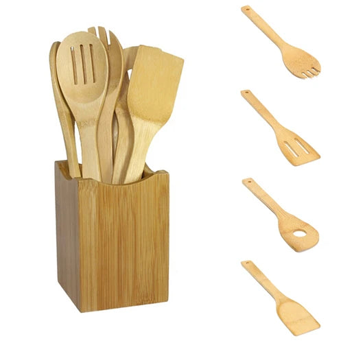 6PCS Bamboo Cooking Utensil Set – Wooden Spoons & Spatulas for Kitchen Mixing & Cooking