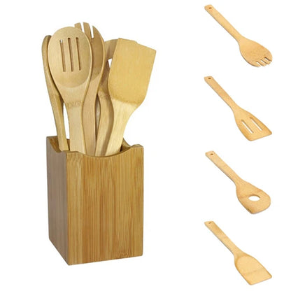 6PCS Bamboo Cooking Utensil Set – Wooden Spoons & Spatulas for Kitchen Mixing & Cooking