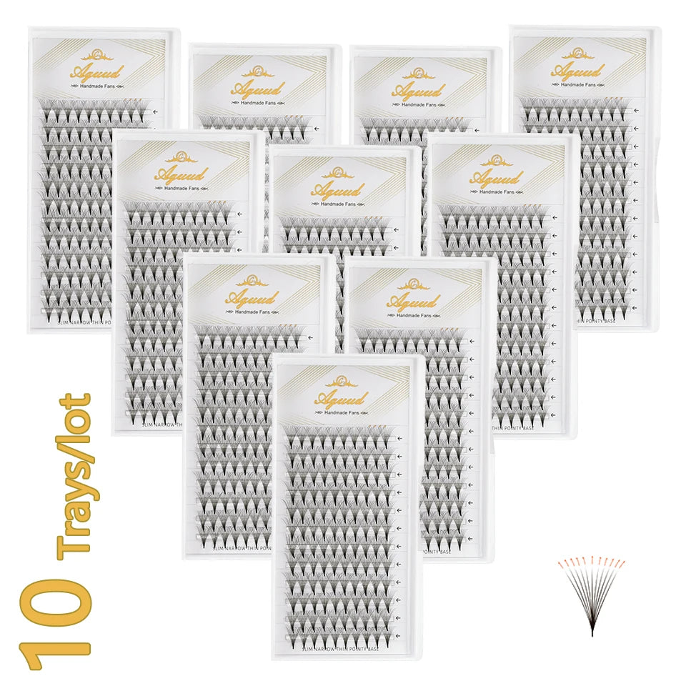 AGUUD 10-Tray Premade Volume Lashes – Super Fans with Needle Stem & Narrow Base for Eyelash Extensions