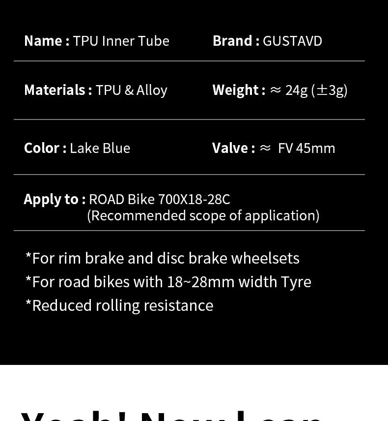 GUSTAVO Ultralight TPU Road Bike Inner Tube – 700x18-28C with 45/65/85mm Valve, 24g