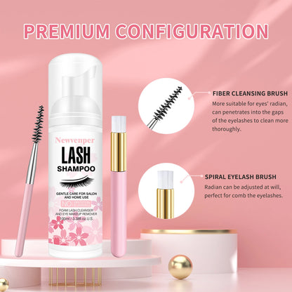 100ML Eyelash Lash Shampoo with Brush & Mascara Wand – Foaming Eyelid Cleanser for Extensions & Makeup Removal