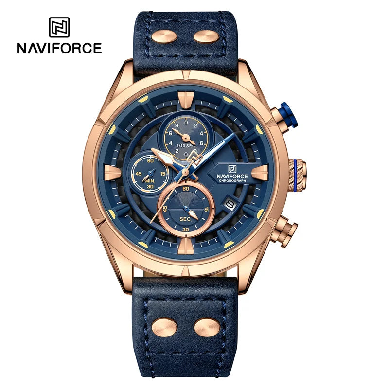 NAVIFORCE Men's Casual Watch – Luxury Waterproof Chronograph Quartz Wristwatch with Genuine Leather Strap