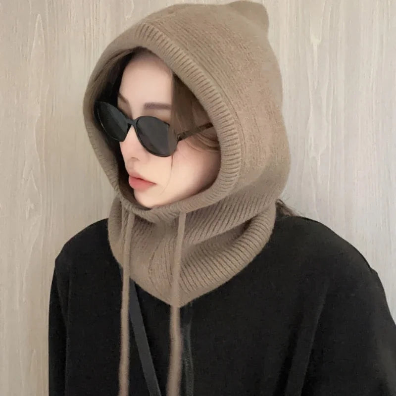 Knitted Hooded Balaclava Caps – Winter Korean Style Outdoor Warmer, One-Piece Neck Collar Beanie Hat for Women