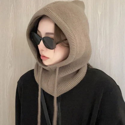 Knitted Hooded Balaclava Caps – Winter Korean Style Outdoor Warmer, One-Piece Neck Collar Beanie Hat for Women