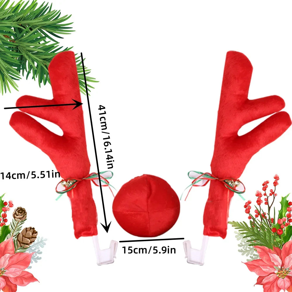 Christmas Car Decoration Kit – Deer Antlers with Red Nose & Tail Holiday Pendant Accessories