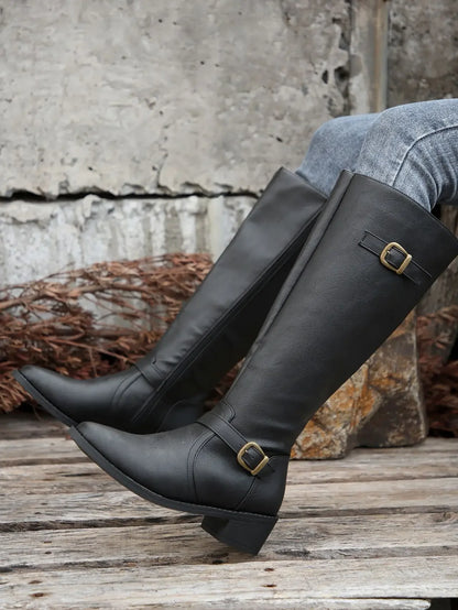 Women’s Winter High-Top Knight Boots – Side Zipper & Belt Buckle, Pointed Toe, PU Material with Cotton Lining