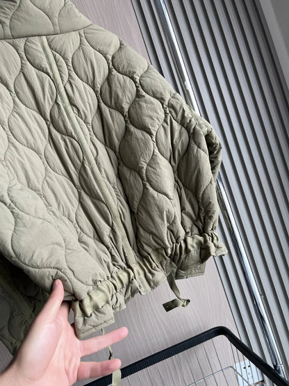 2024 ETJ Quilted Women's Coat – Beige Drawstring High Neck Jacket with Ties & Pockets