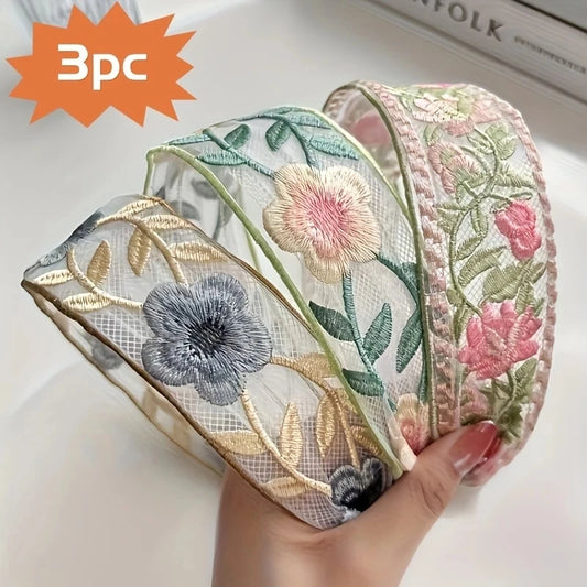 1/3pcs Elegant Chiffon Flower Hairband – Sweet Embroidery Headband Turban Hoop for Women’s Fashion Hair Accessories