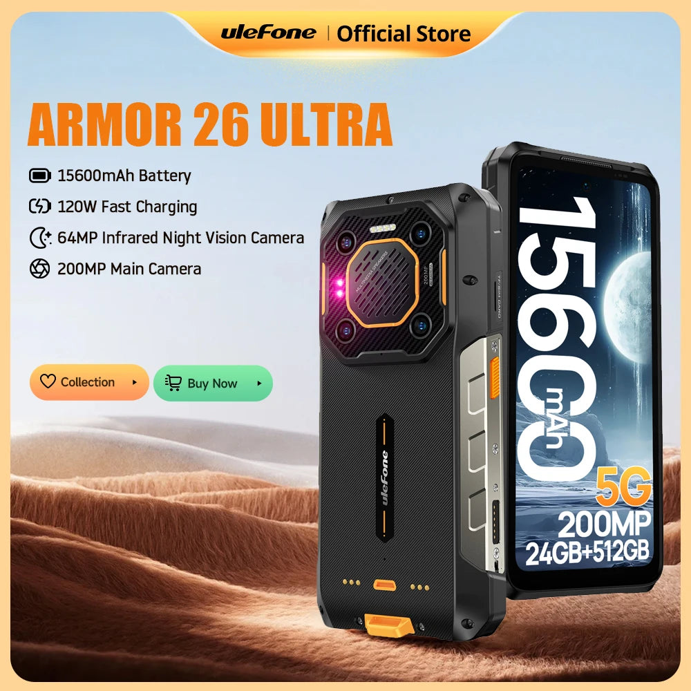 Ulefone Armor 26 Ultra 5G Rugged Waterproof Smartphone - 120W Fast Charging, 15600mAh, 200MP+64MP, 24GB+512GB, NFC