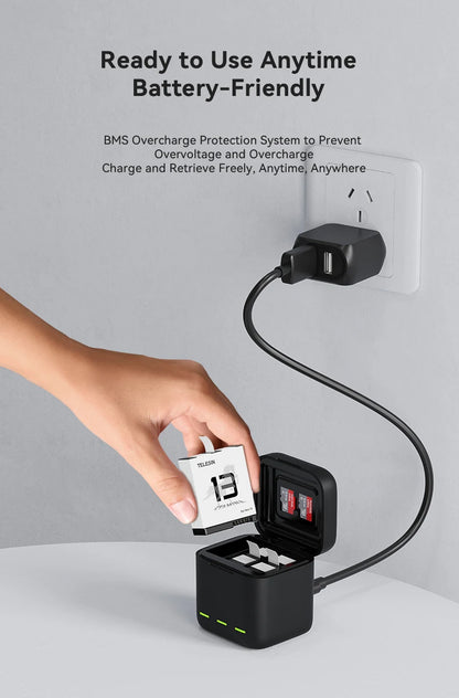 TELESIN 3-Slot Fast Battery Charger for GoPro Hero 13 – Portable Charging Dock for Action Camera Accessories