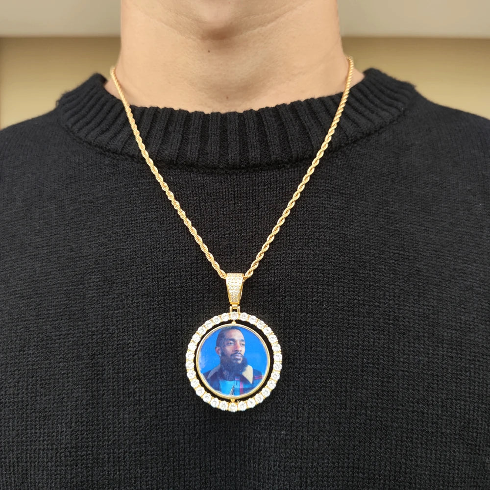 Customized Double-Side Photo Necklace – Personalized Picture Pendant with Cubic Zirconia, Hip Hop Jewelry Gift for Men & Women
