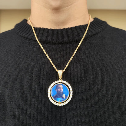 Customized Double-Side Photo Necklace – Personalized Picture Pendant with Cubic Zirconia, Hip Hop Jewelry Gift for Men & Women