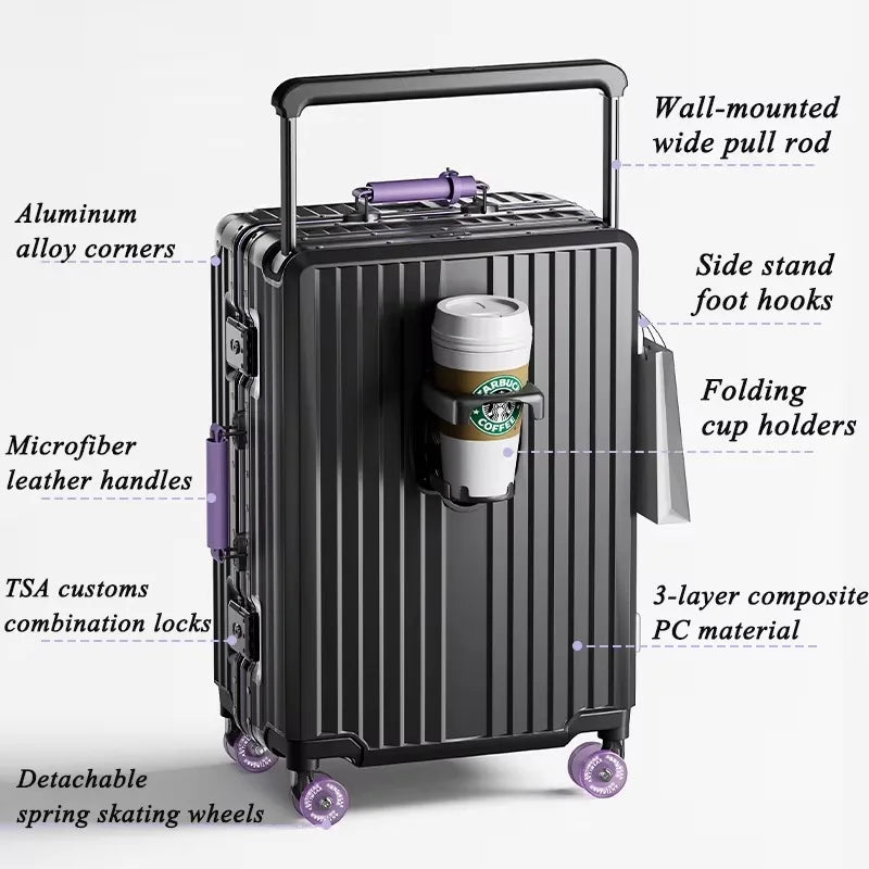 Aluminum Frame Rolling Luggage — Wide Handlebar Trolley Suitcase with Colorful Silent Spinner Wheels, TSA Lock & Large Capacity
