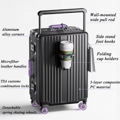Aluminum Frame Rolling Luggage — Wide Handlebar Trolley Suitcase with Colorful Silent Spinner Wheels, TSA Lock & Large Capacity