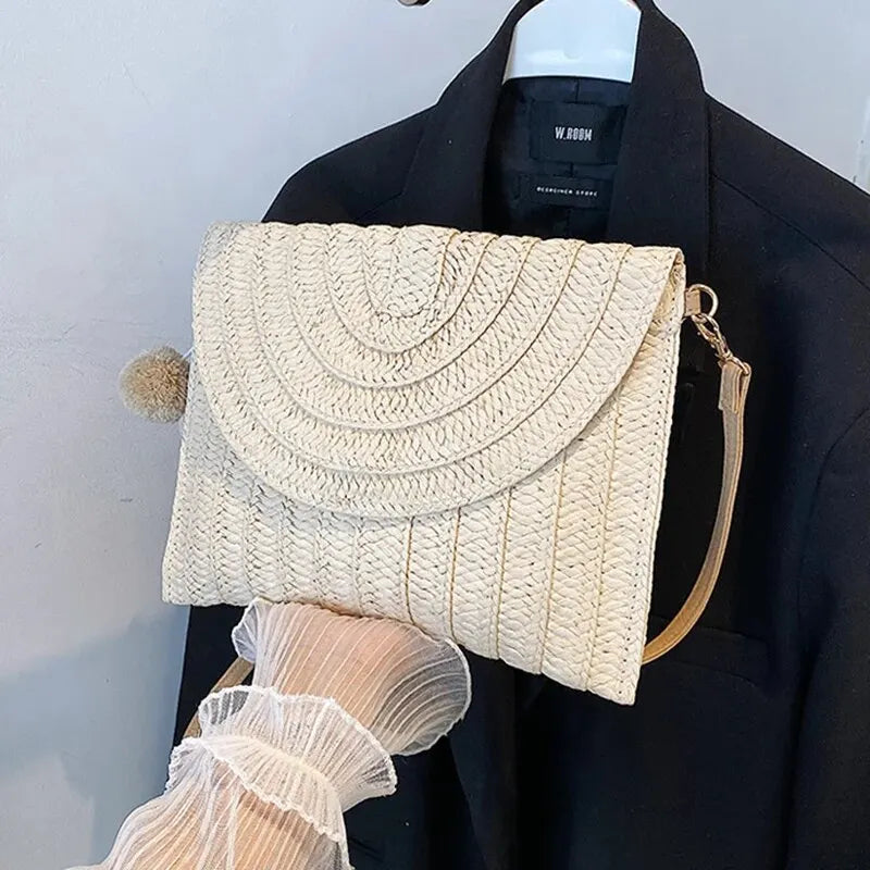 Handmade Straw Beach Bag – Small Woven Summer Shoulder Crossbody Clutch with Hair Ball