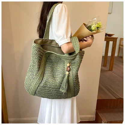 Elegant Straw Woven Handbag – Women’s Retro Beach & Casual Tote Top-Handle Shoulder Bag 2024