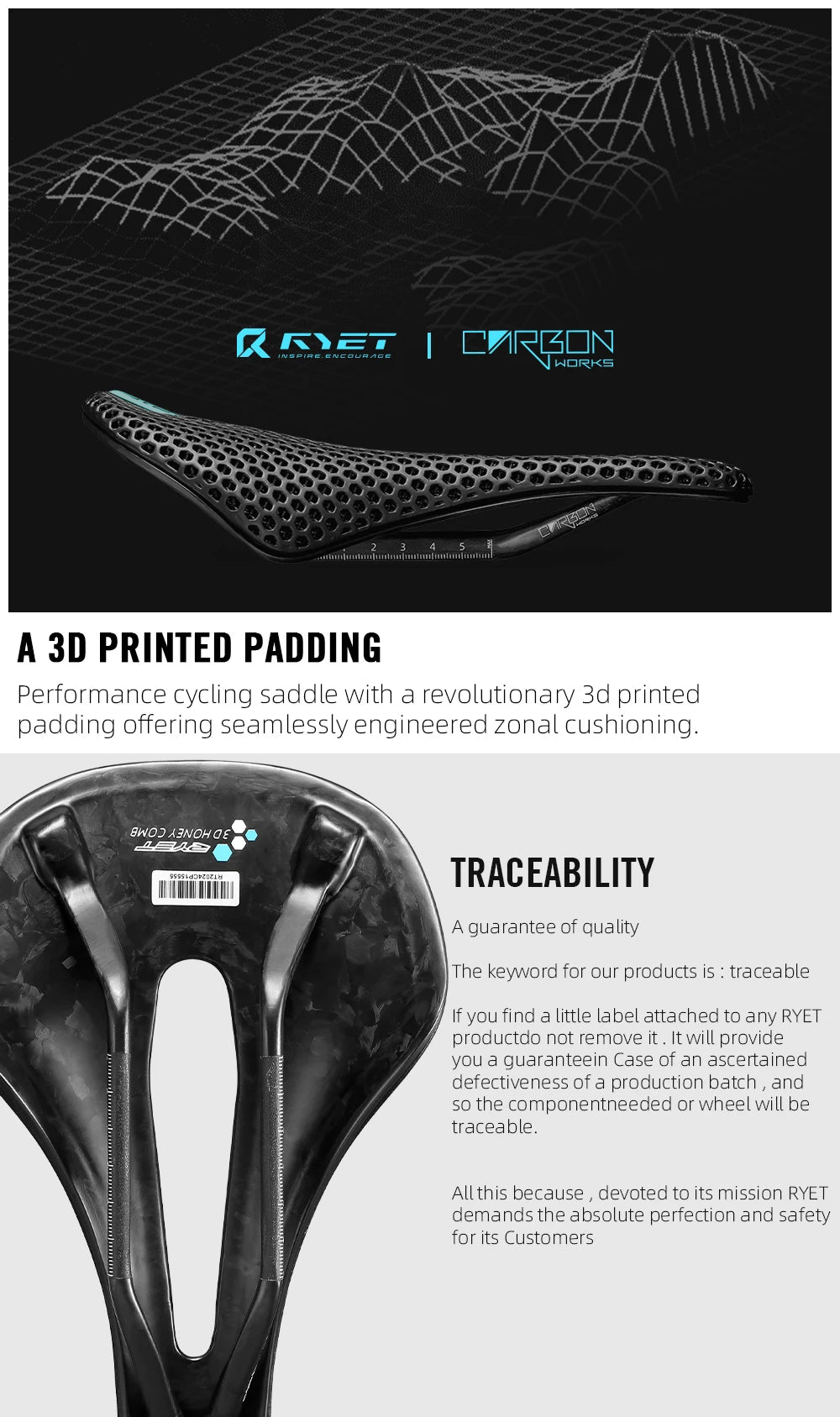 RYET 3D Printed Carbon Bike Saddle — 140/142mm Super Light EVA Road & MTB Racing Seat Cushion
