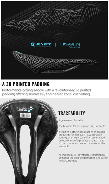 RYET 3D Printed Carbon Bike Saddle — 140/142mm Super Light EVA Road & MTB Racing Seat Cushion