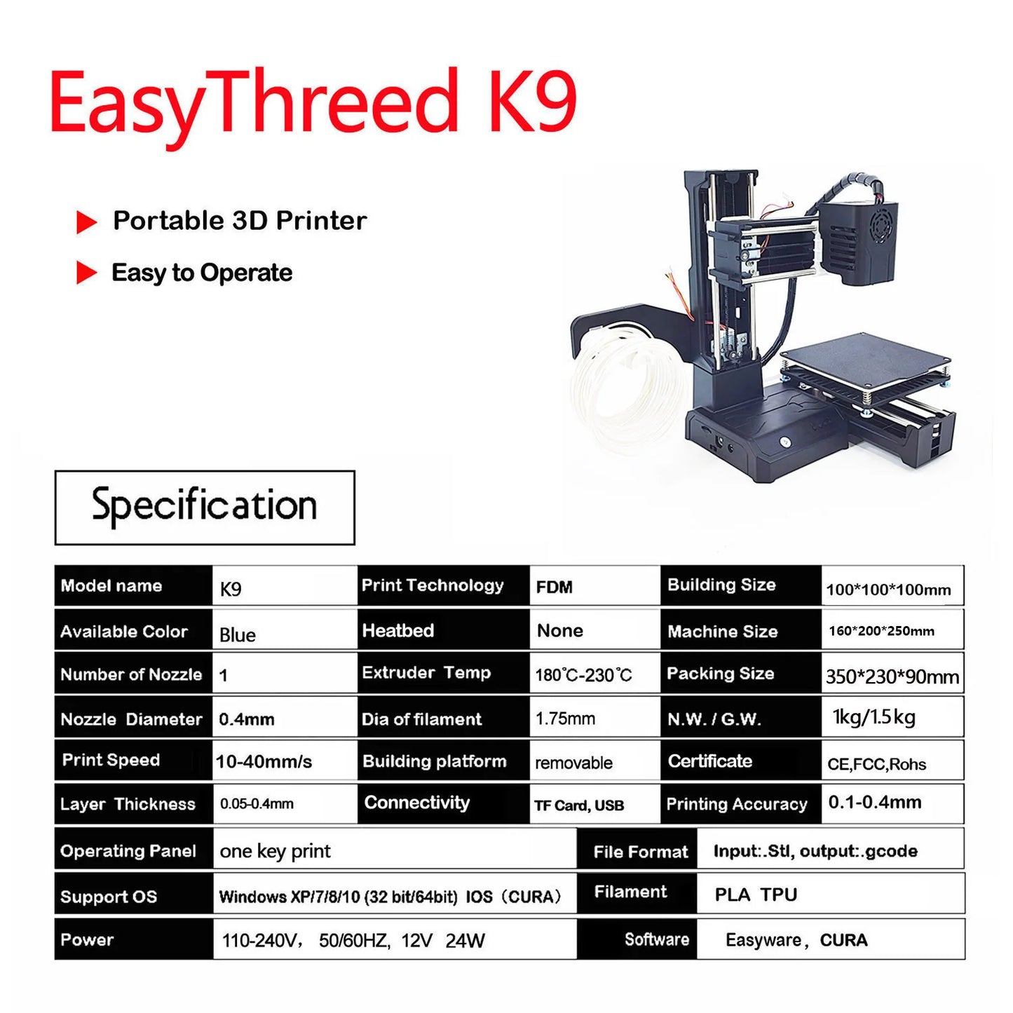 EasyThreed K9 Mini 3D Printer – User-Friendly Entry Level Printer, FDM Technology, Compatible with TPU & PLA Filament (1.75mm), Black