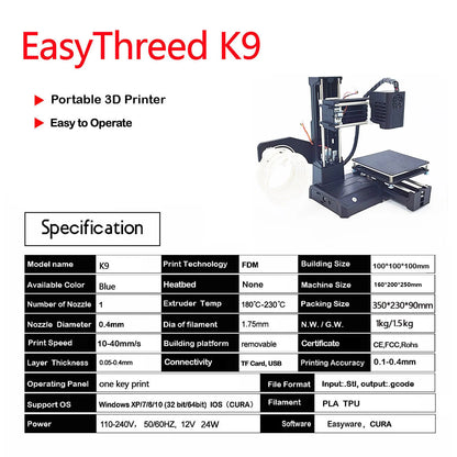 EasyThreed K9 Mini 3D Printer – User-Friendly Entry Level Printer, FDM Technology, Compatible with TPU & PLA Filament (1.75mm), Black