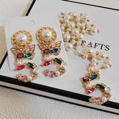 Big Statement Dangle Crystal Earrings & Necklace Set – 5-Digit Butterfly Drop Jewelry for Ladies