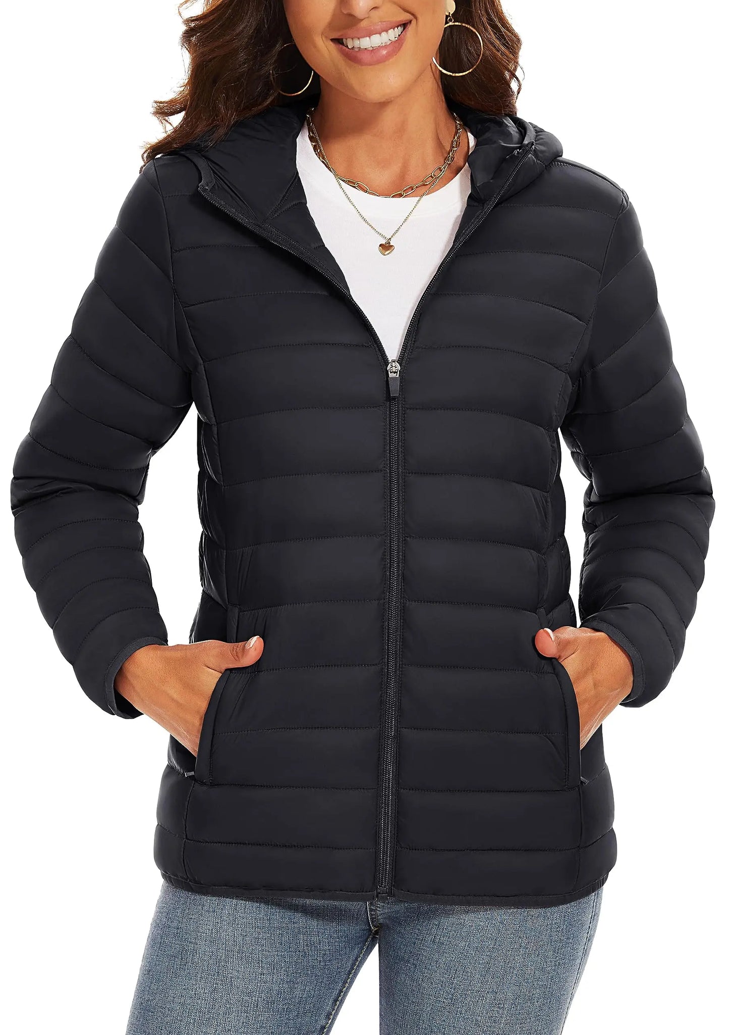 TACVASEN Women's Hooded Puffer Jacket – Full Zip Quilted Winter Coat, Lightweight Windbreaker Outerwear