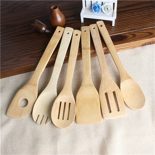 6PCS Bamboo Cooking Utensil Set – Wooden Spoons & Spatulas for Kitchen Mixing & Cooking