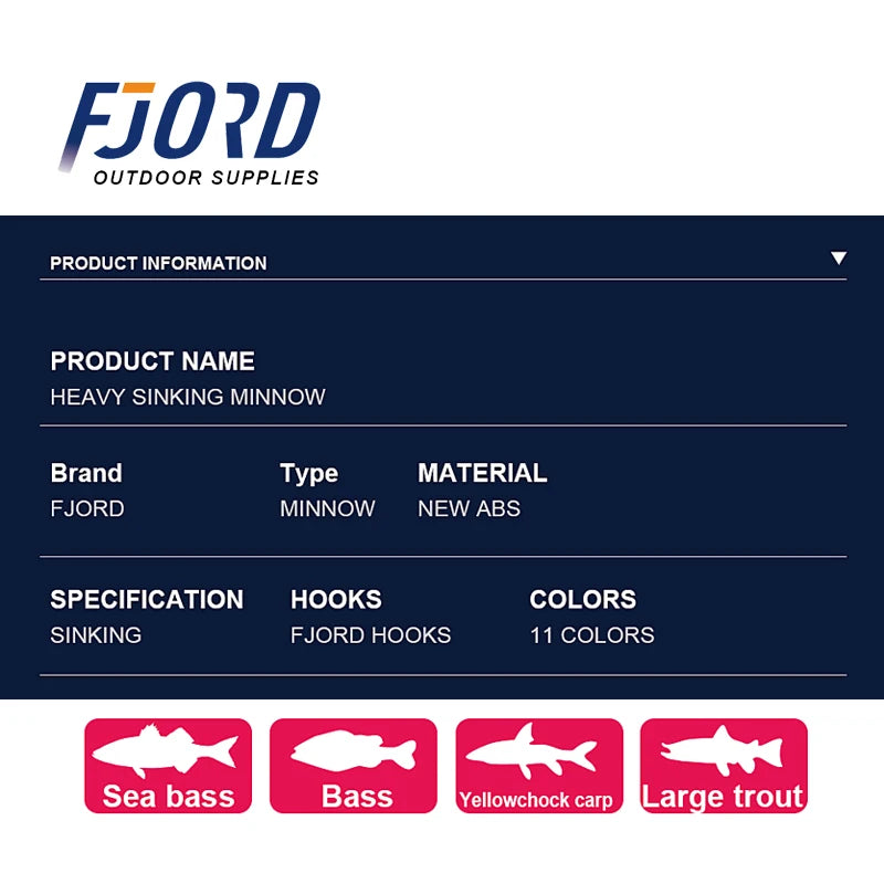FJORD Heavy Sinking Minnow Fishing Lures – 110S 37g, 90S 29g, 70S 17g Saltwater & Freshwater Jerkbait