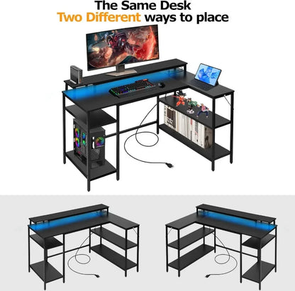 L-Shaped Gaming Desk with LED Lights – Reversible Computer Desk with Power Outlets, Stand & Shelves