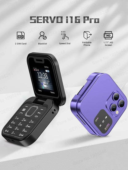 SERVO I16 Pro Mini Fold Mobile Phone — Dual SIM 2G GSM Flip Cellphone with Speed Dial, FM, 3.5mm Jack & Video Player