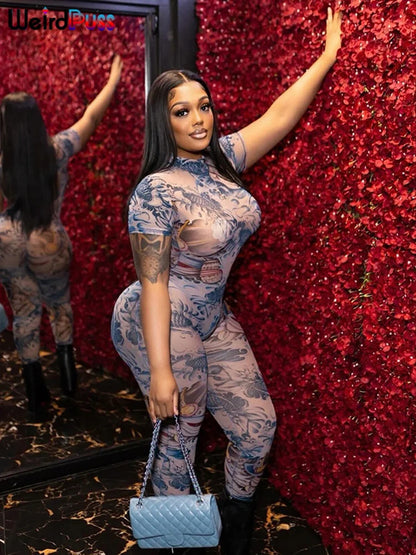 Weird Puss See-Through Jumpsuit for Women - Backless Dragon Print Short Sleeve Fitness & Workout Slim Stretch Clubwear