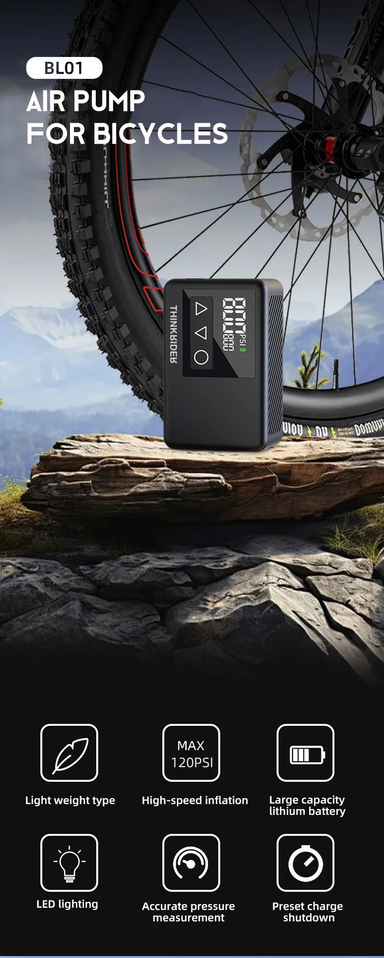 ThinkRider 120 PSI Mini Electric Bike Pump – Portable Tire Inflator with Digital Gauge Display