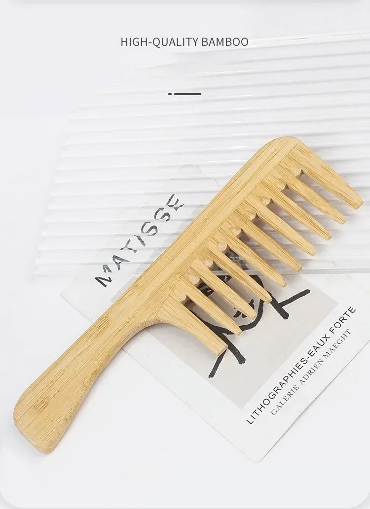 Natural Bamboo Wooden Hair Comb – Anti-Static Afro Fork, Wide Tooth Round Comb & Hair Brush for Women