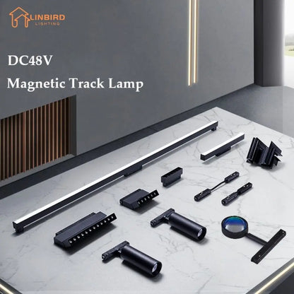 LED Magnetic Track Light Grille, Modern Embedded Flexible Linear Flood Lamp, DC48V Ceiling Spotlight for Indoor Living
