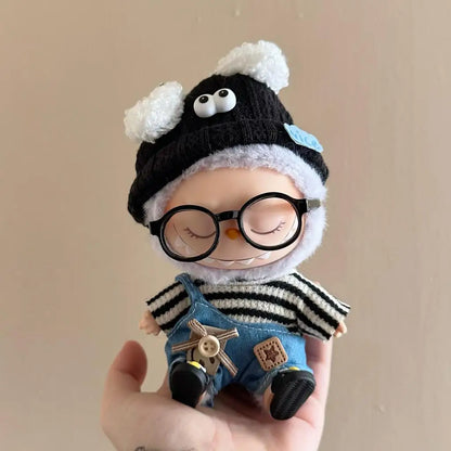 17cm Mini Doll Clothes Set – Kpop EXO Labubu Idol V1 V2 Striped Sweater Overalls, Glasses & Hat Accessories