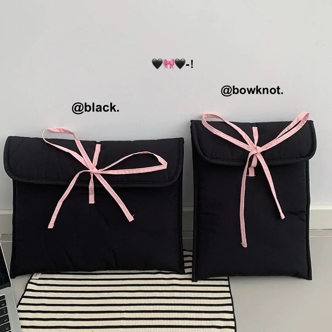 2 Piece Ballet Style Tablet Protective Case | Solid Color Laptop and Tablet Storage Bag for 11-13 Inch | Pink Bow Quilted Tablet Bag