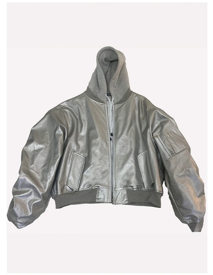 Mauroicardi Autumn Winter Oversized PU Leather Bomber Jacket for Men - Thickened Warm Hooded Luxury Designer Coat